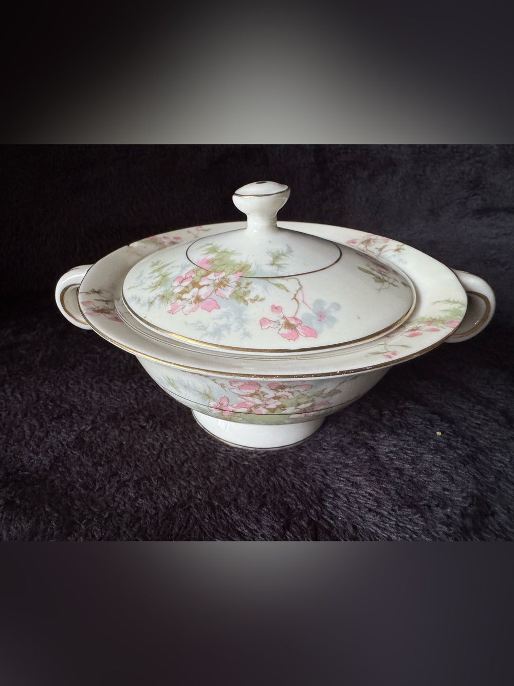 Theodore Haviland Apple Blossom Covered Sugar Bowl 5.5” Gold Trim CHIP